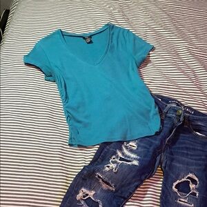 Women's Blue V-Neck Top